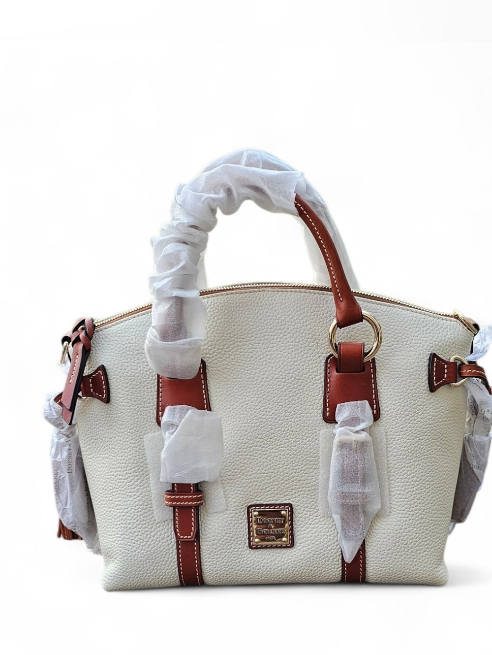 Dooney & Bourke Cream Pebbled Leather Satchel with Brown Trim